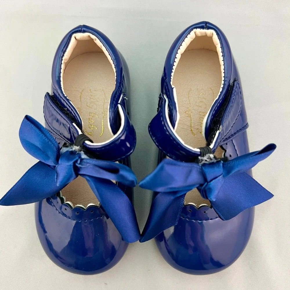 MG Baby Mary Jane Flats Toddler EU 22 (6-6.5) Dark Blue New Patent Scallop Bows
